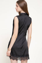 Sleeveless High Neck Satin Mini Dress with Lace Hem Detail