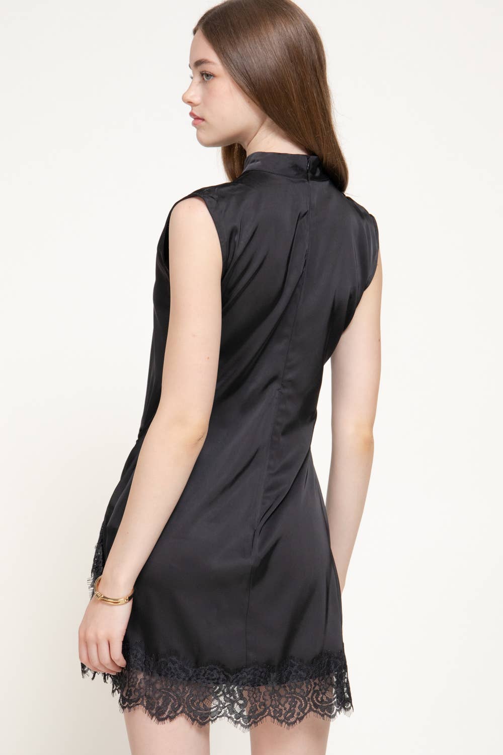 Sleeveless High Neck Satin Mini Dress with Lace Hem Detail