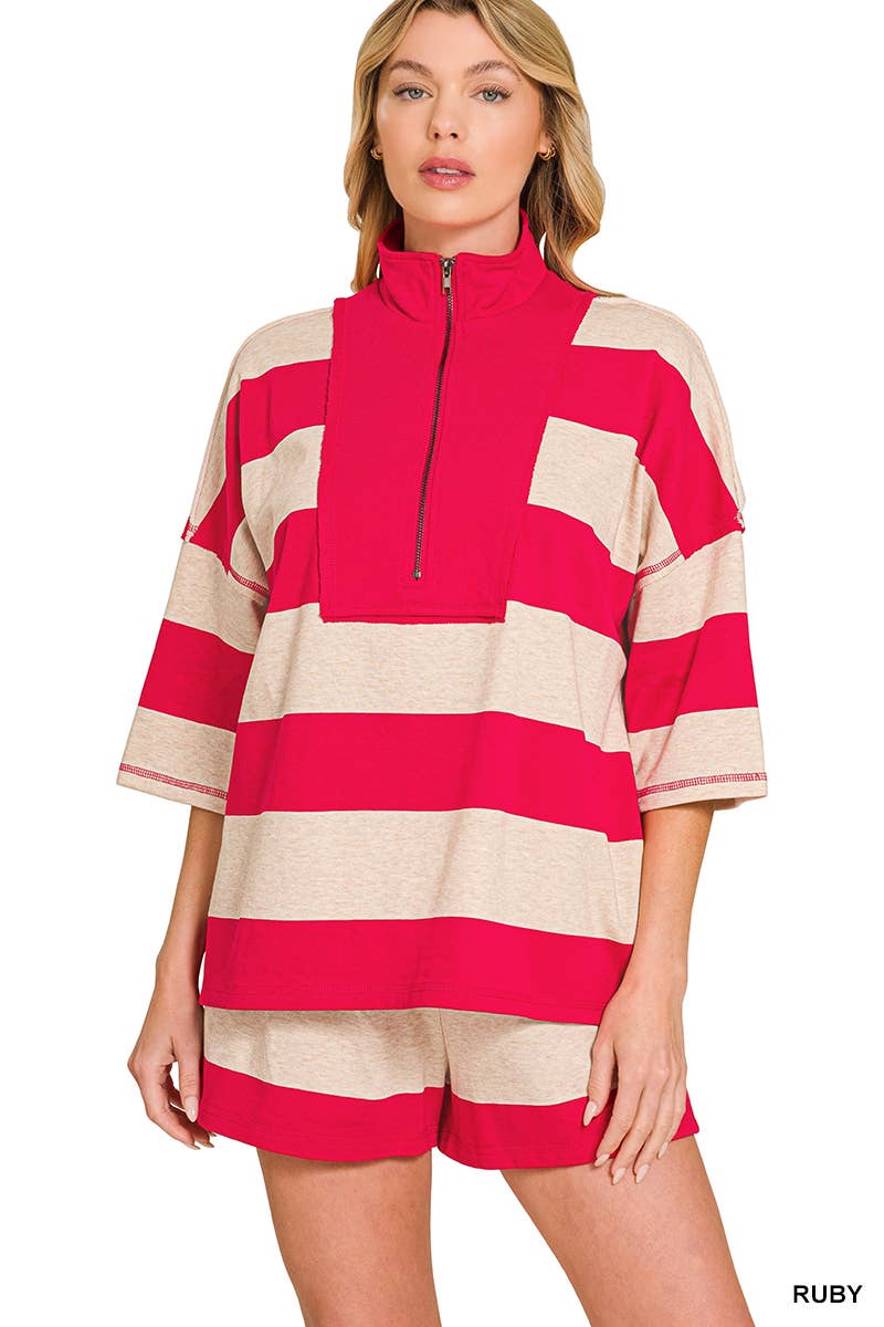 French Terry Striped Half Zip High Neck Top & Shorts Set Zenana
