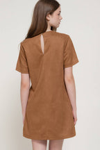 Short Sleeve Round Neck Semi A-Line Faux Suede Mini Dress