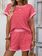 Striped  Relaxed Fit Tee Short Set Lounge Outfit