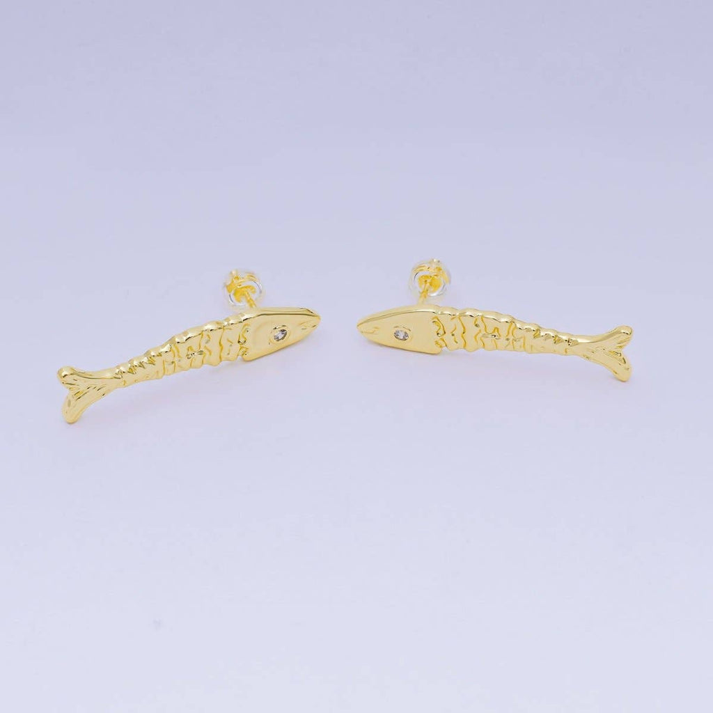 24K Gold Filled 35mm Clear CZ Hammered Fish Stud Earrings | AI549