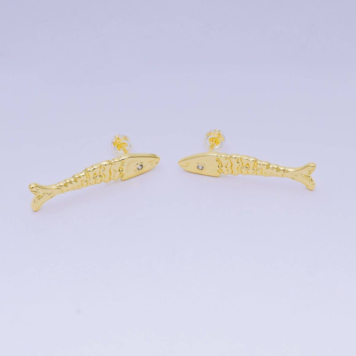 24K Gold Filled 35mm Clear CZ Hammered Fish Stud Earrings | AI549