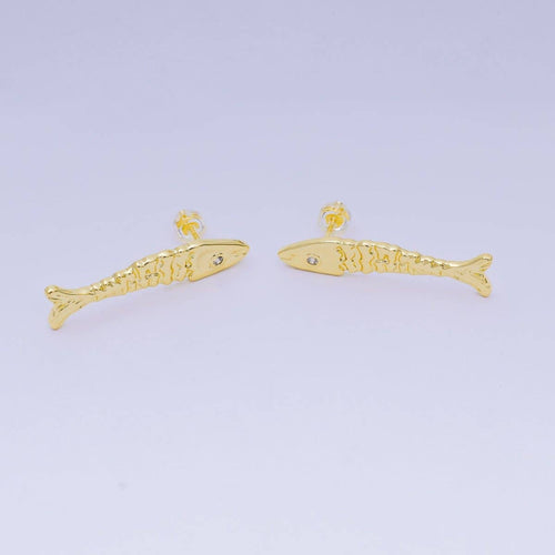 24K Gold Filled 35mm Clear CZ Hammered Fish Stud Earrings | AI549