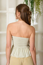 PLAID STRAPLESS FRONT TIE RUFFLE HEM TOP