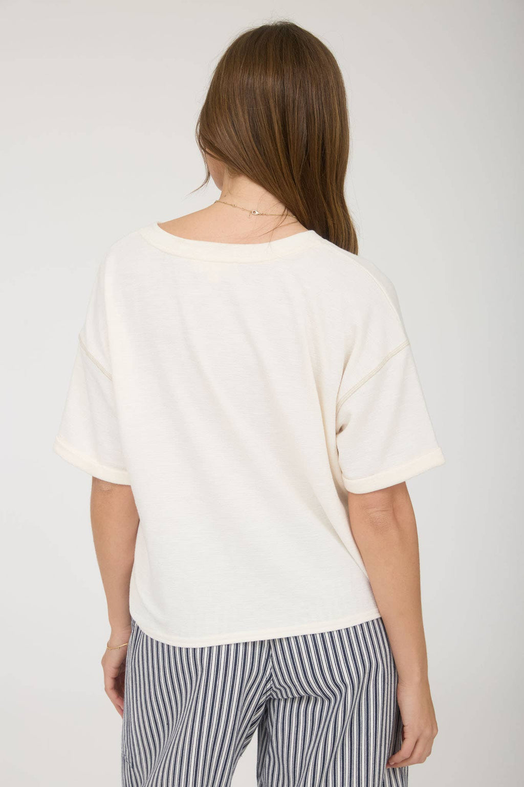CONTRAST STITCH DROP SHOULDER CUFF SLEEVE KNIT TOP