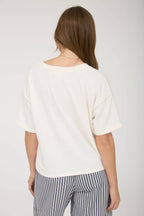CONTRAST STITCH DROP SHOULDER CUFF SLEEVE KNIT TOP