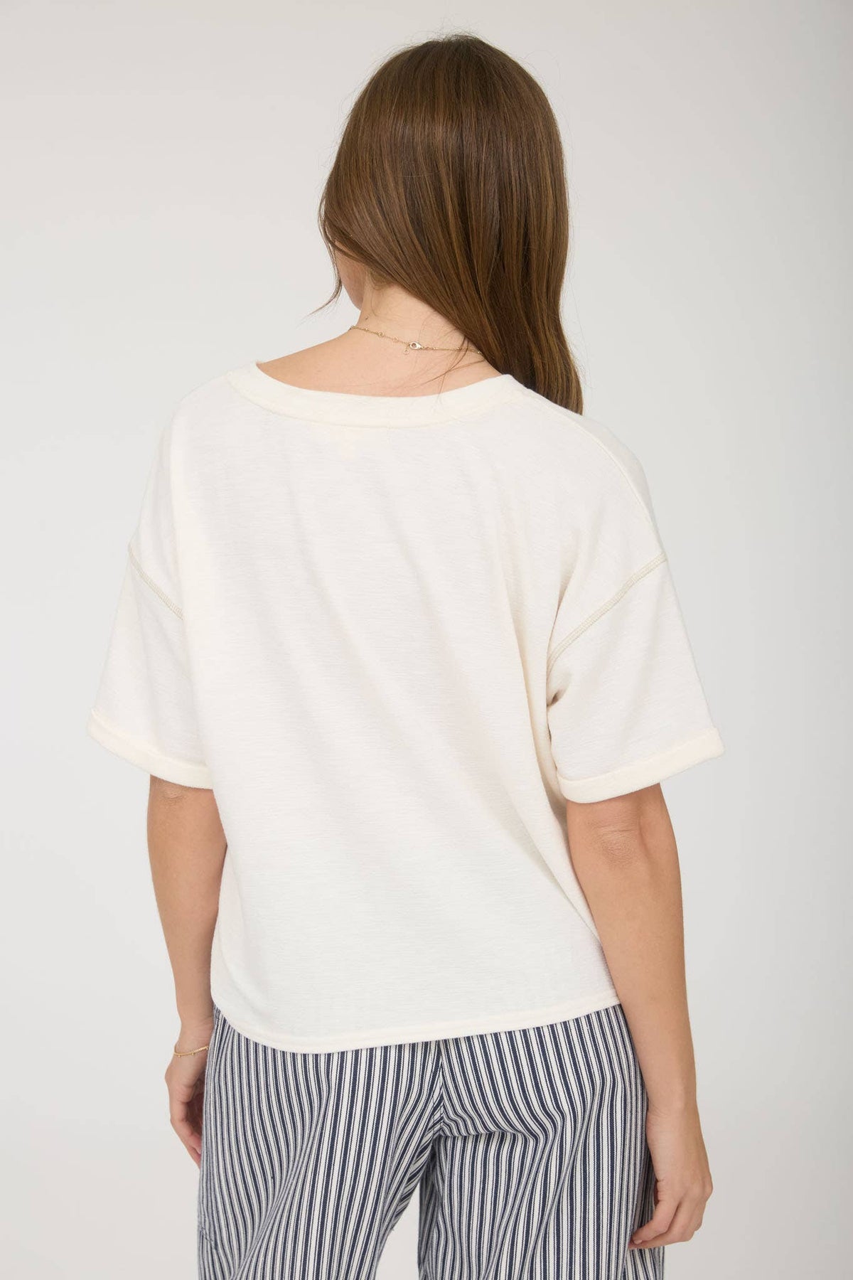 CONTRAST STITCH DROP SHOULDER CUFF SLEEVE KNIT TOP