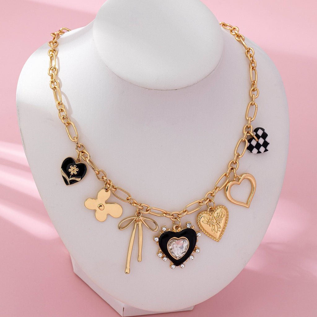 CHARM NECKLACE-BOW CHECKER HEART RHINESTONE | 80N92728