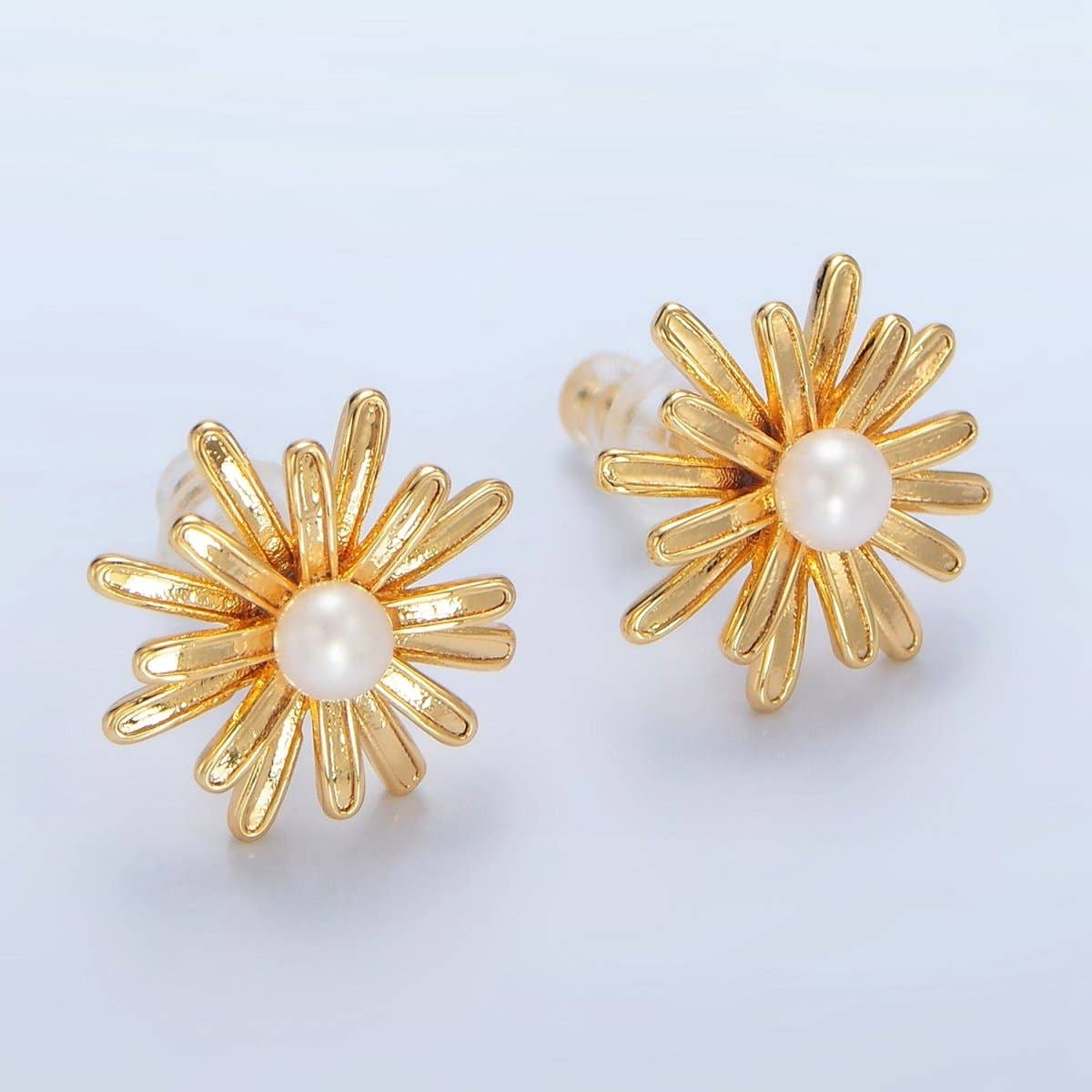 24K Gold Filled 15mm White Shell Pearl Sunflower Stud Earrings | P219