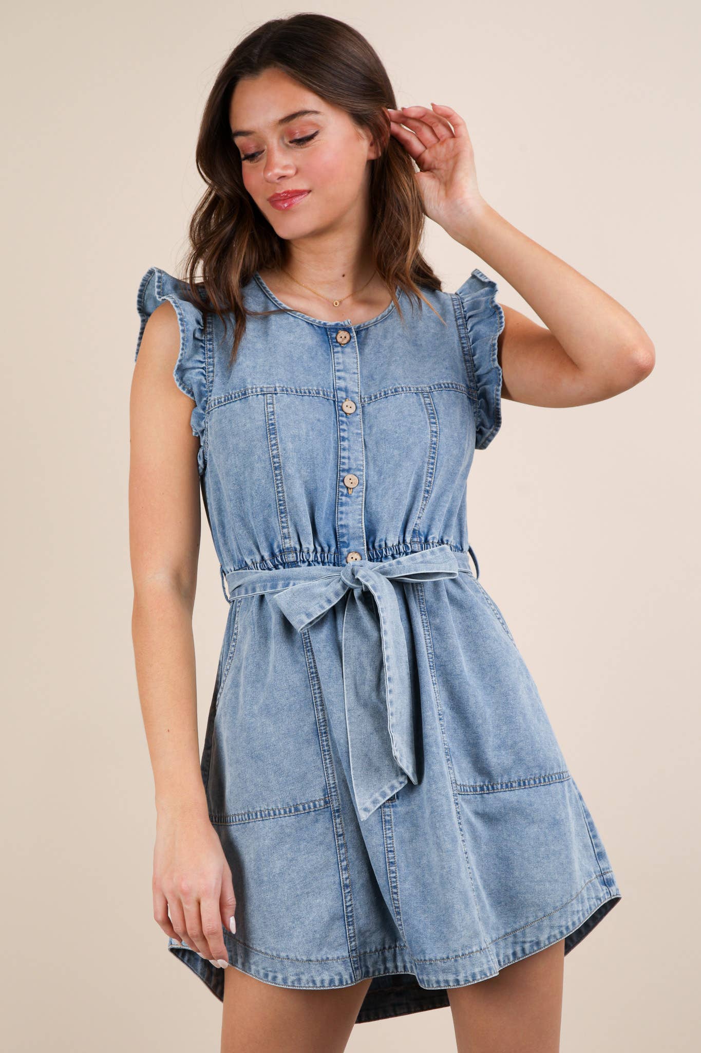 ND31543-Washed Chambray Ruffle Detail Mini Dress