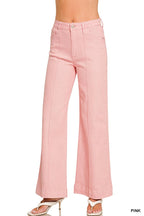 High Rise Wide Leg Pintuck Color Denim Pants