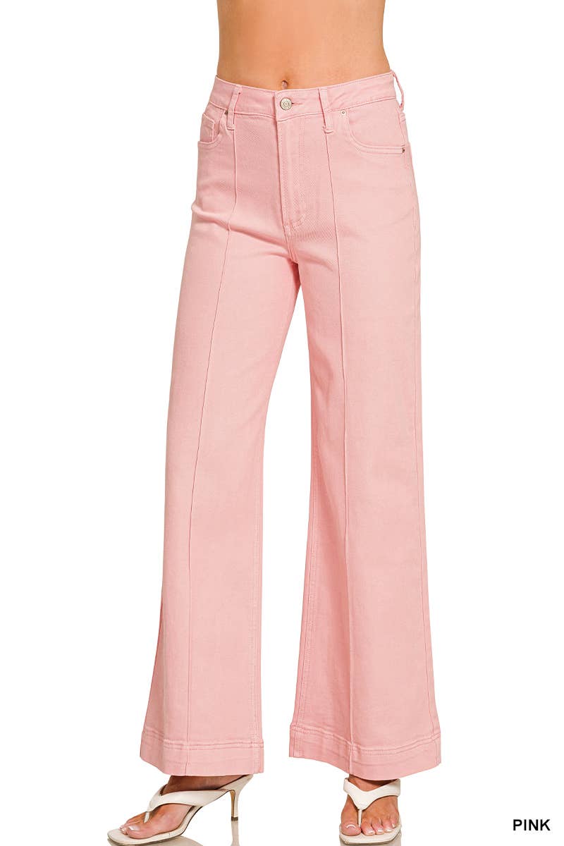 High Rise Wide Leg Pintuck Color Denim Pants