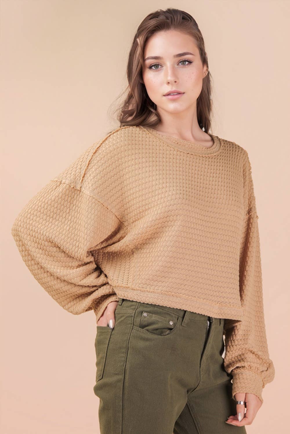 NT11982-Oversized Waffle Solid Knit Causal Top
