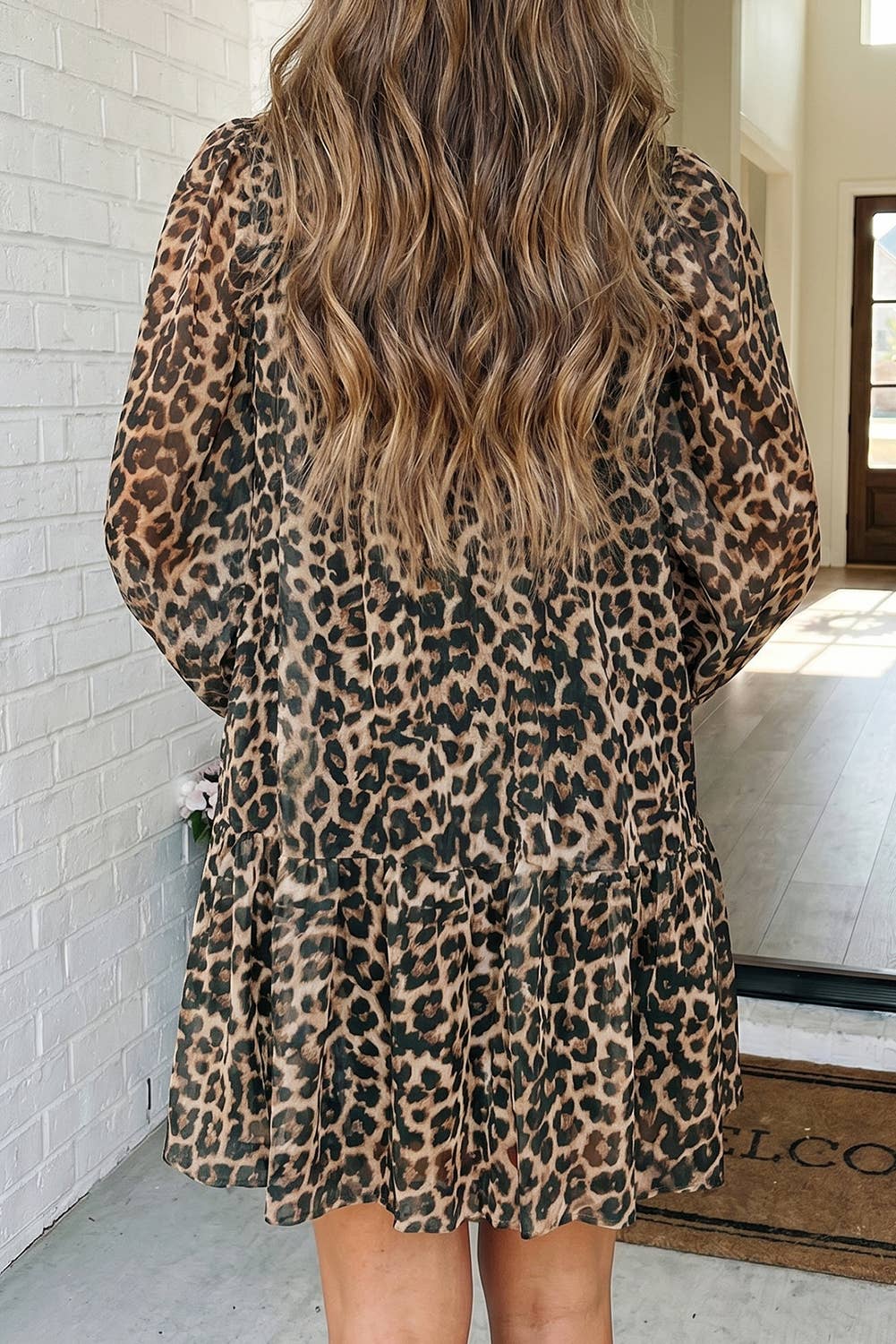 LAS Western Leopard Bubble Sleeve Mock Mini Dress (S-XL)