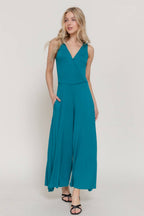Sleeveless Double V-Neck Surplice Knit Jumpsuit