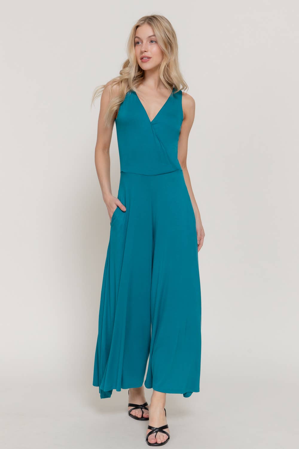 Sleeveless Double V-Neck Surplice Knit Jumpsuit
