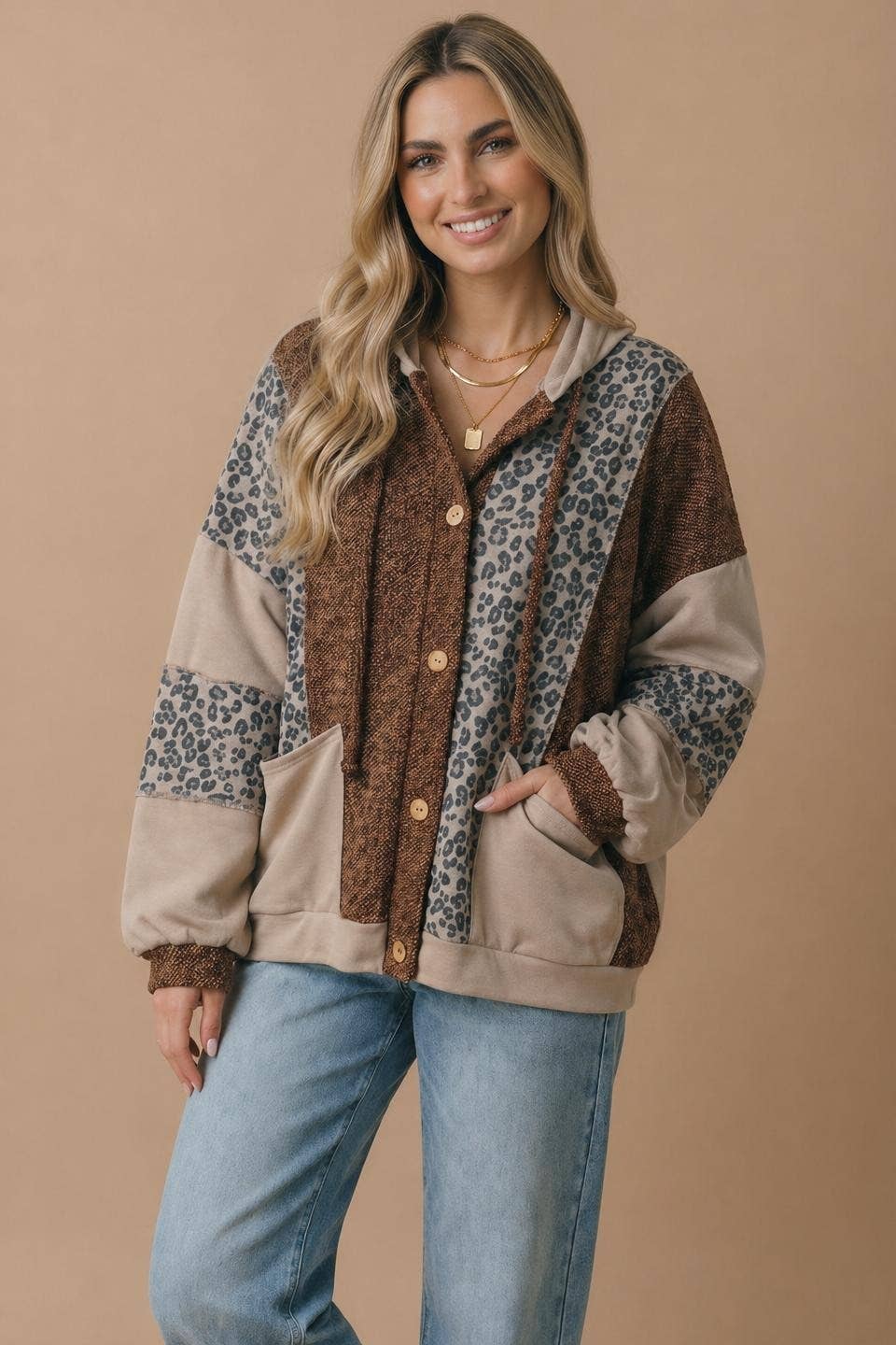 Two-tone Leopard Print Color Block Jacket
