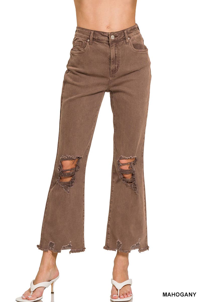 `Acid Wash High Waist Distressed Straight Leg Pants