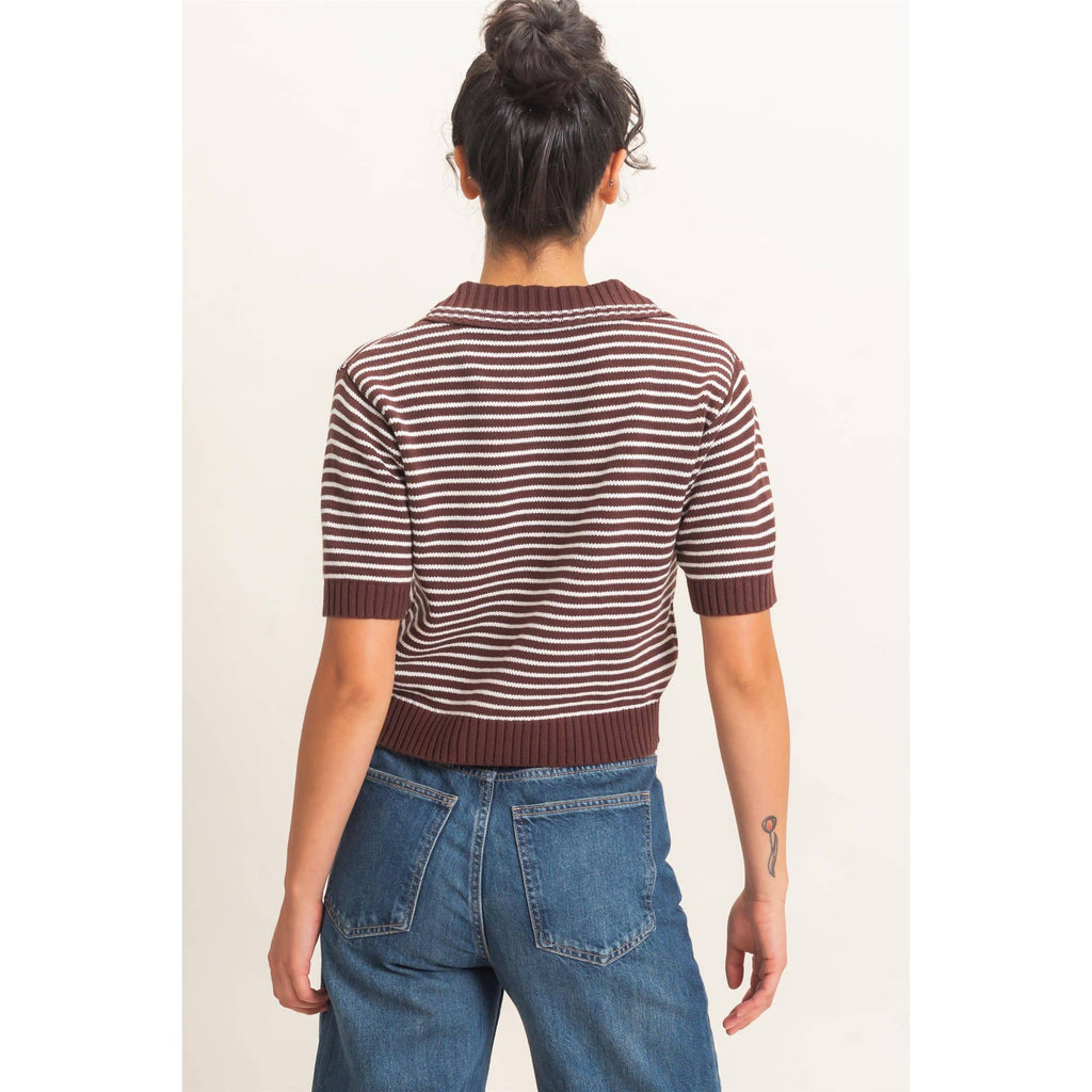 Striped Short Sleeve Collar Knit Top