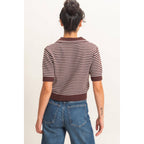 Striped Short Sleeve Collar Knit Top