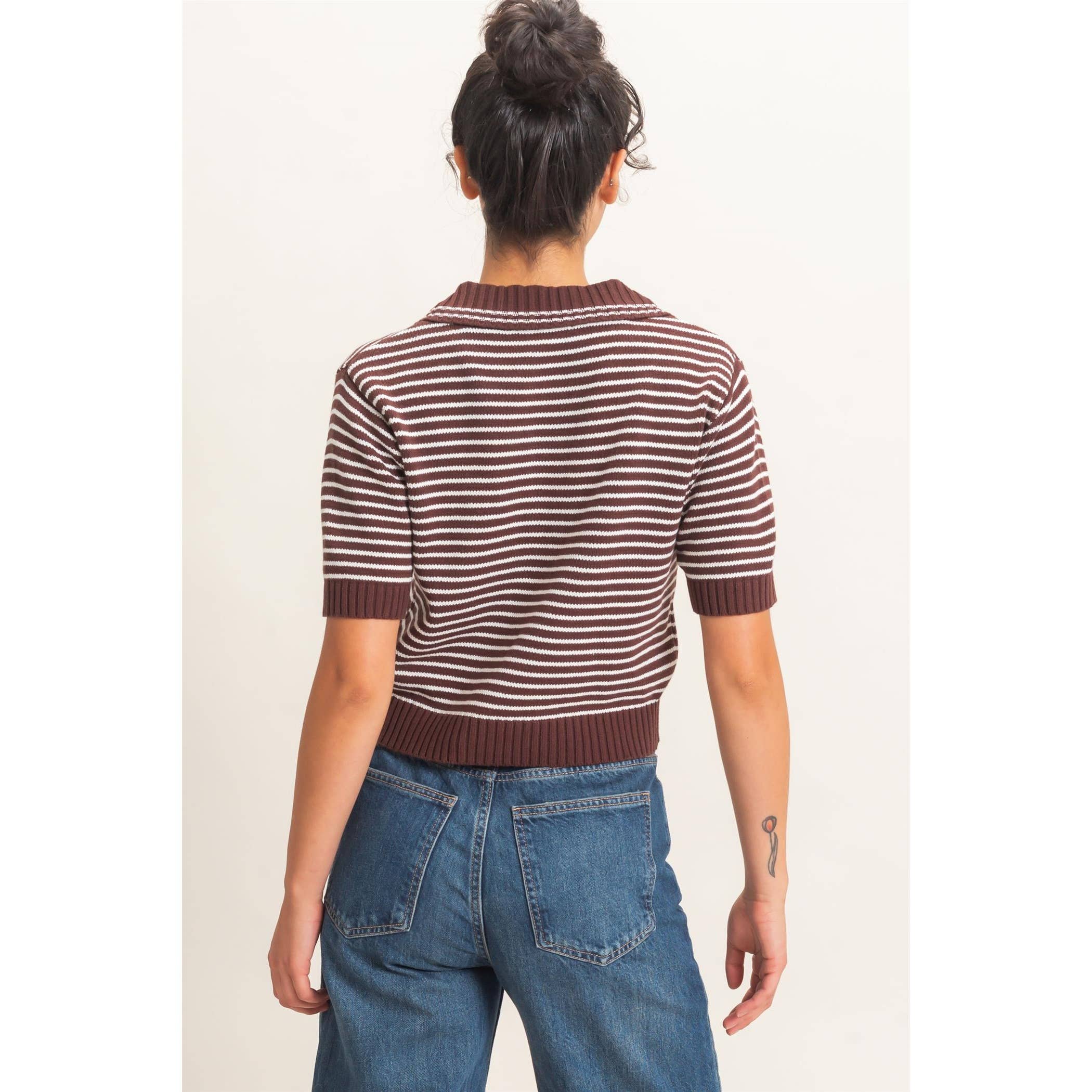 Striped Short Sleeve Collar Knit Top