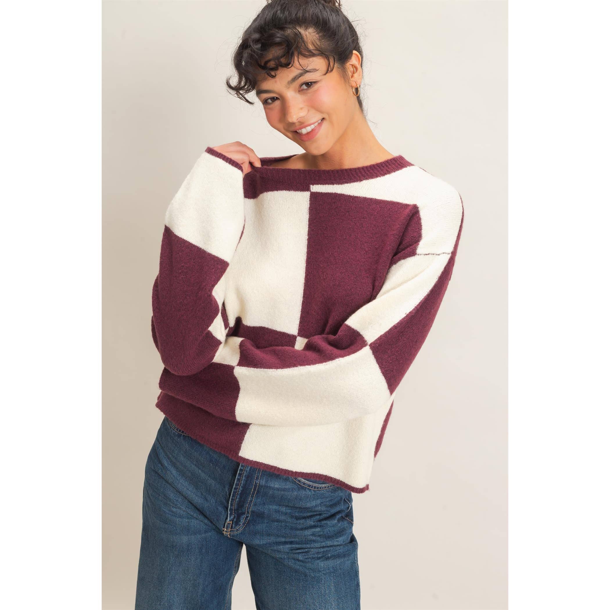 Crew Neck Checkered Sweater