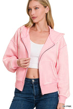 Acid Wash Fleece Cropped Zip-up Hoodie W Pockets