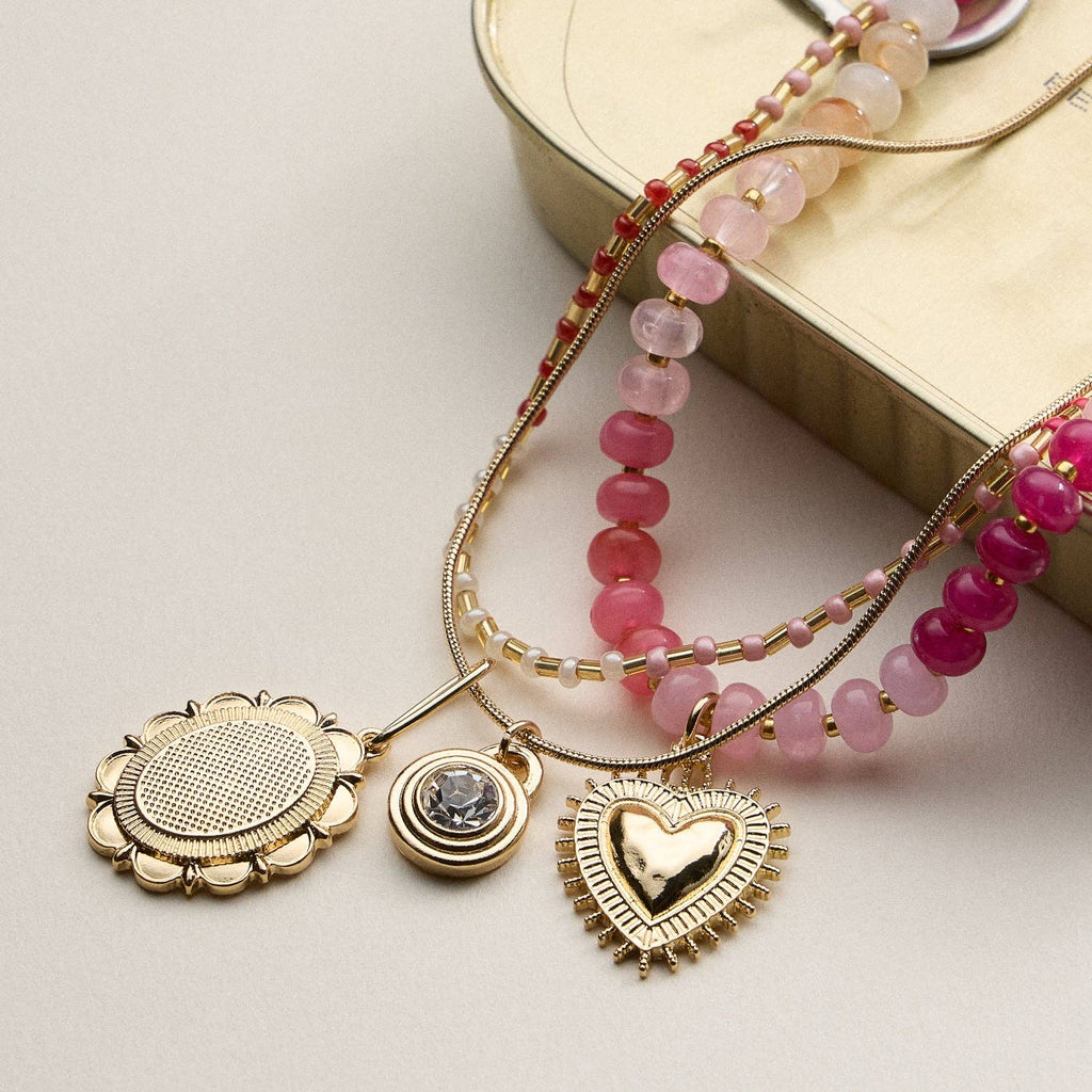 Layered Beaded and Pendant Necklace Set with Gold Accents | Heart and Charm Detail