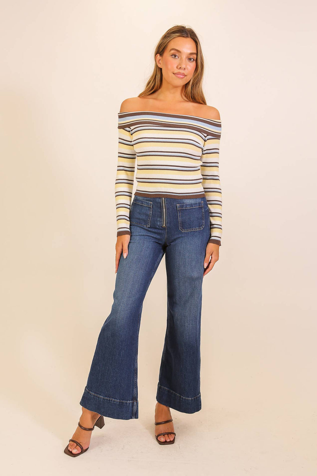 Striped Foldover Off-Shoulder Sweater Top