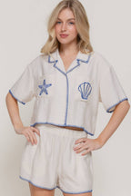 Short Sleeve Edge Stitch & Embroidered Boxy Shirt