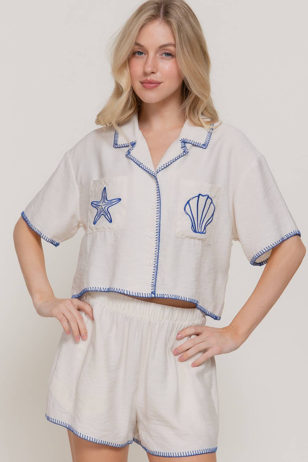 Short Sleeve Edge Stitch & Embroidered Boxy Shirt