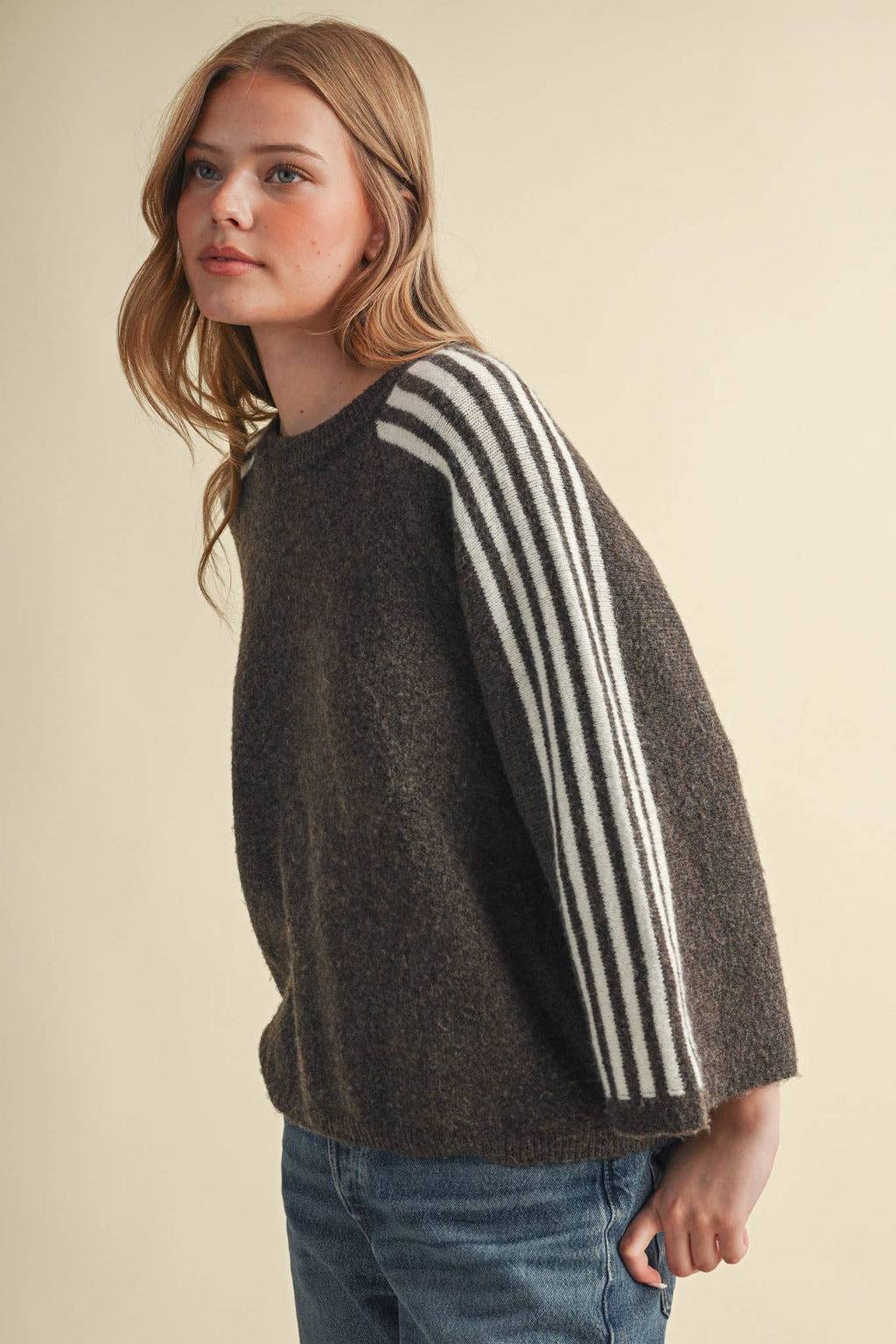STRIPED 3/4 SLEEVE SWEATER MSW11585