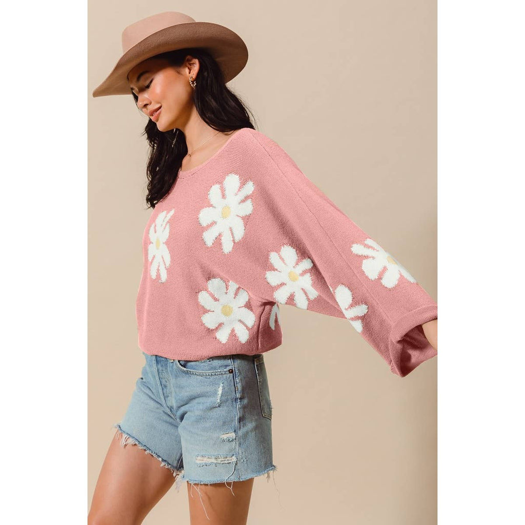 DAISY FLORAL PATTERN KNITTED SWEATER TOP