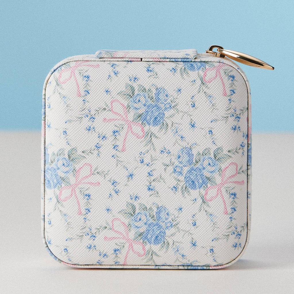 Travel-Ready Blue Floral | Jewelry Box with Pink Bow