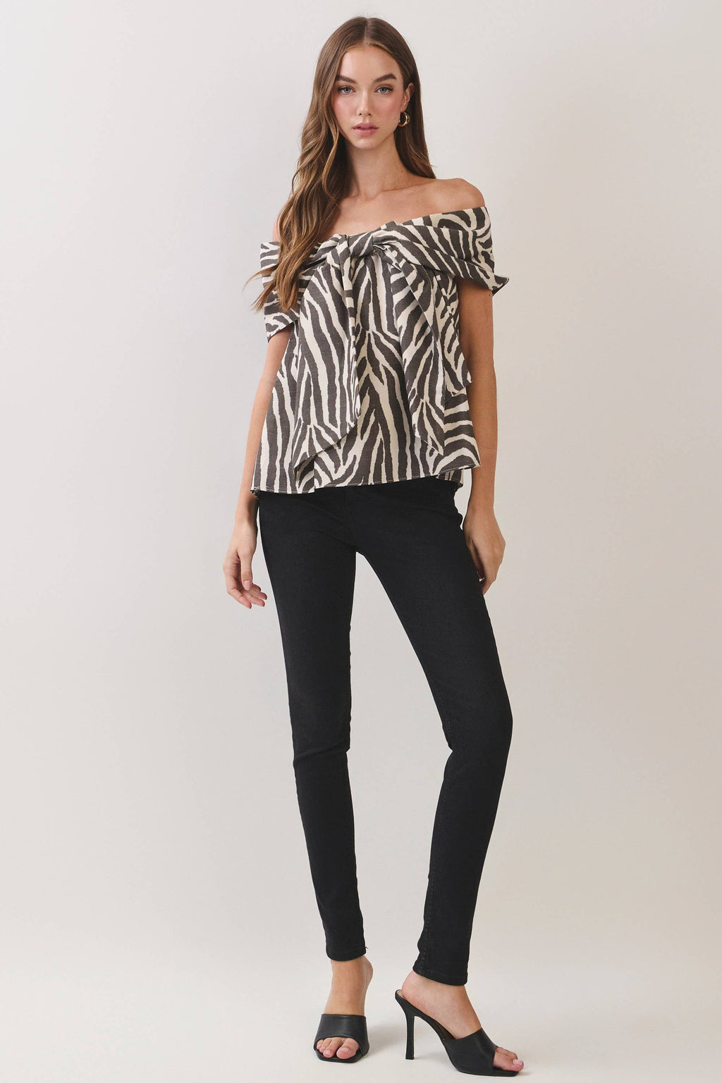 CT10154-Zebra Print Off-the-Shoulder Bow Blouse