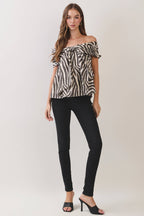 CT10154-Zebra Print Off-the-Shoulder Bow Blouse