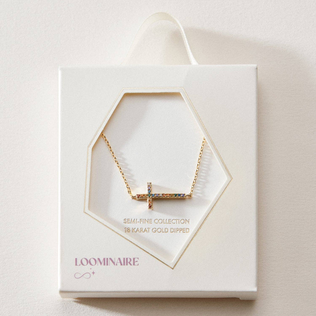 18K Gold Dipped CZ Sideways Cross Necklace