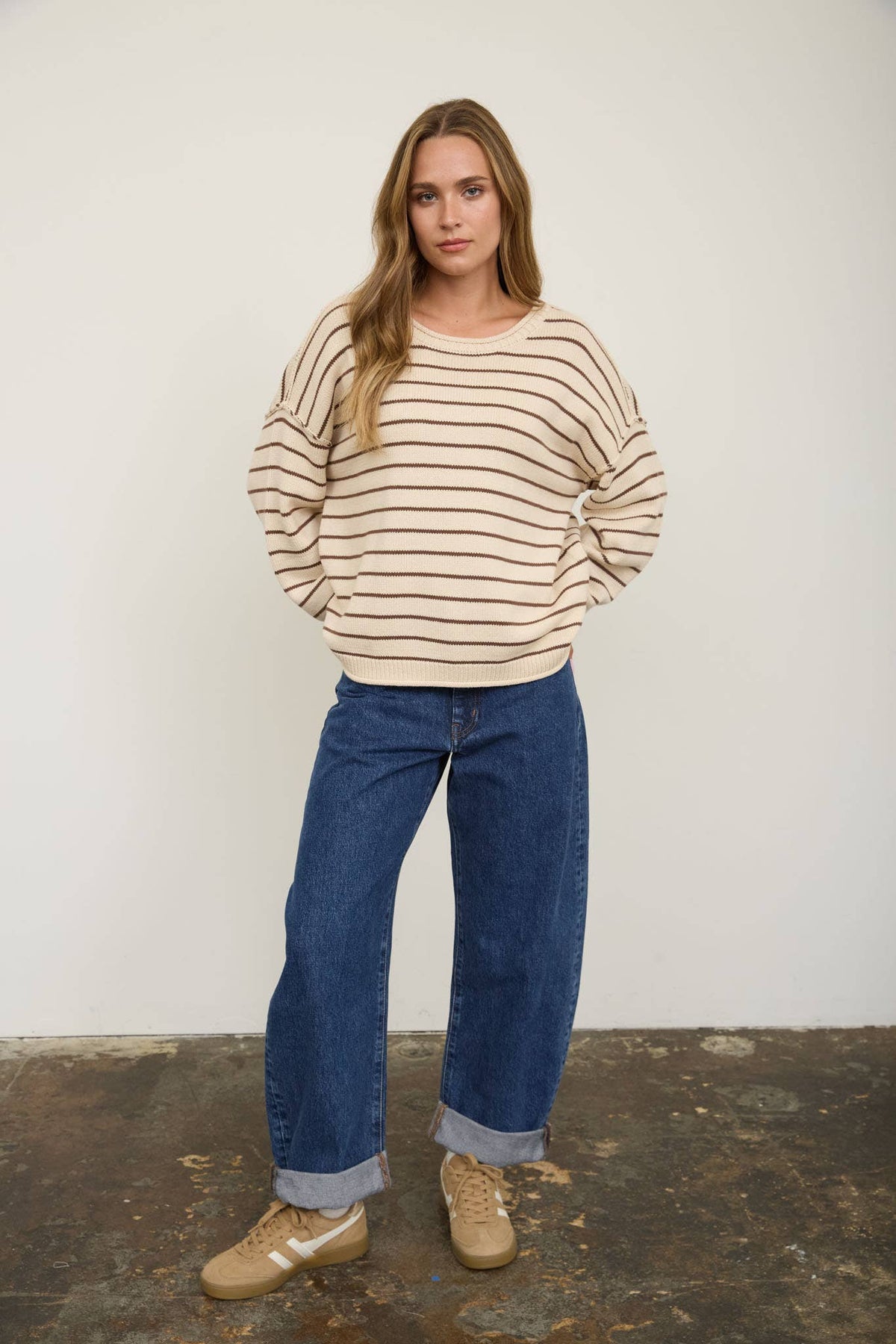 CREAM STRIPED DROP SHOULDER CREW NECK SWEATER