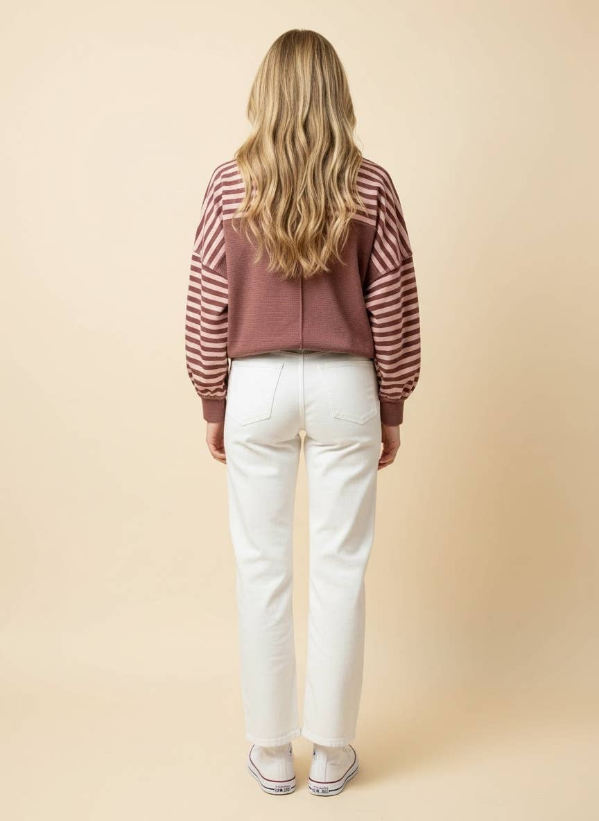 HT20242 Striped Drop-Shoulder Pullover Sweatshirt