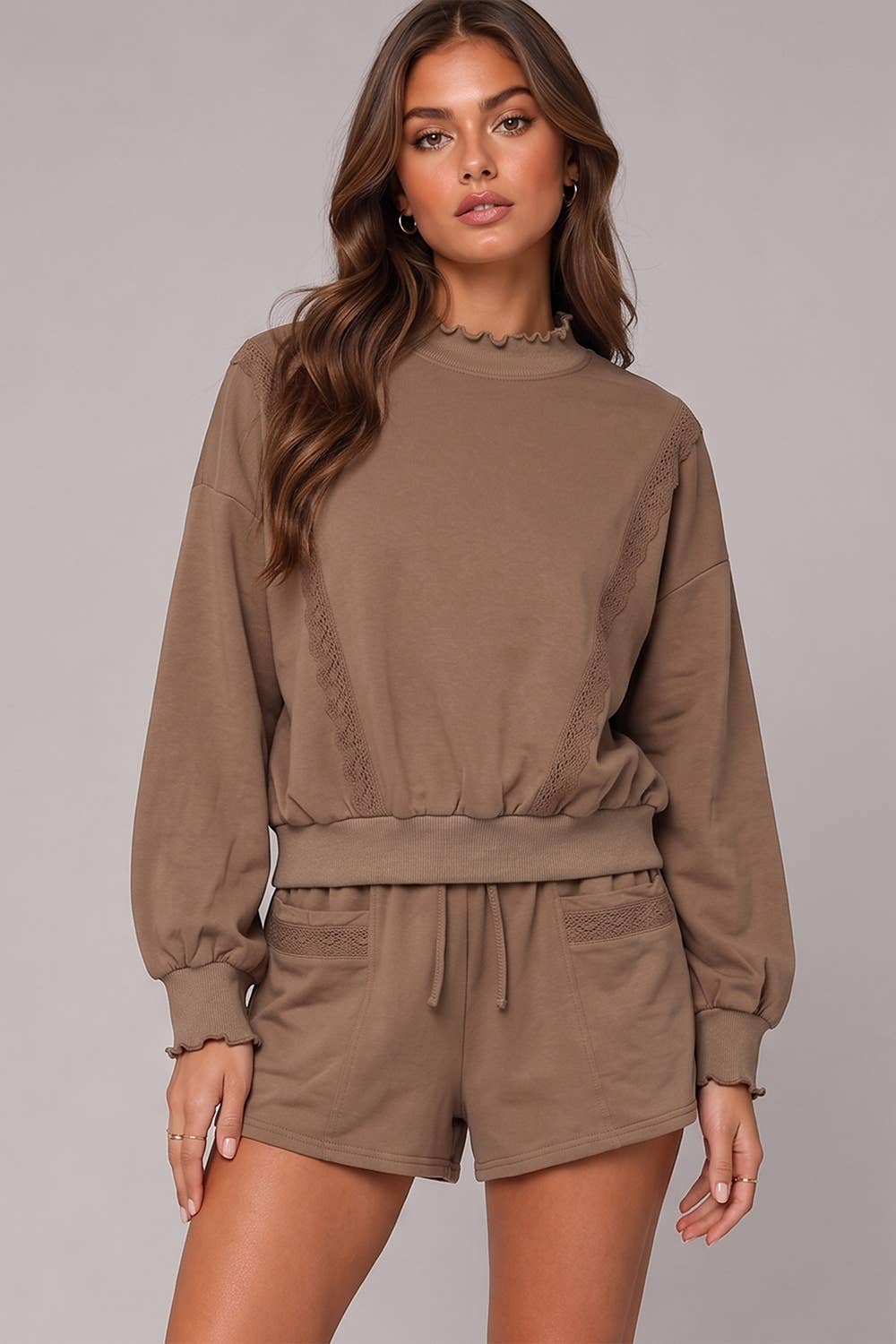 NT12725SET-Lace Trim Sweatshirt & Shorts Lounge Set
