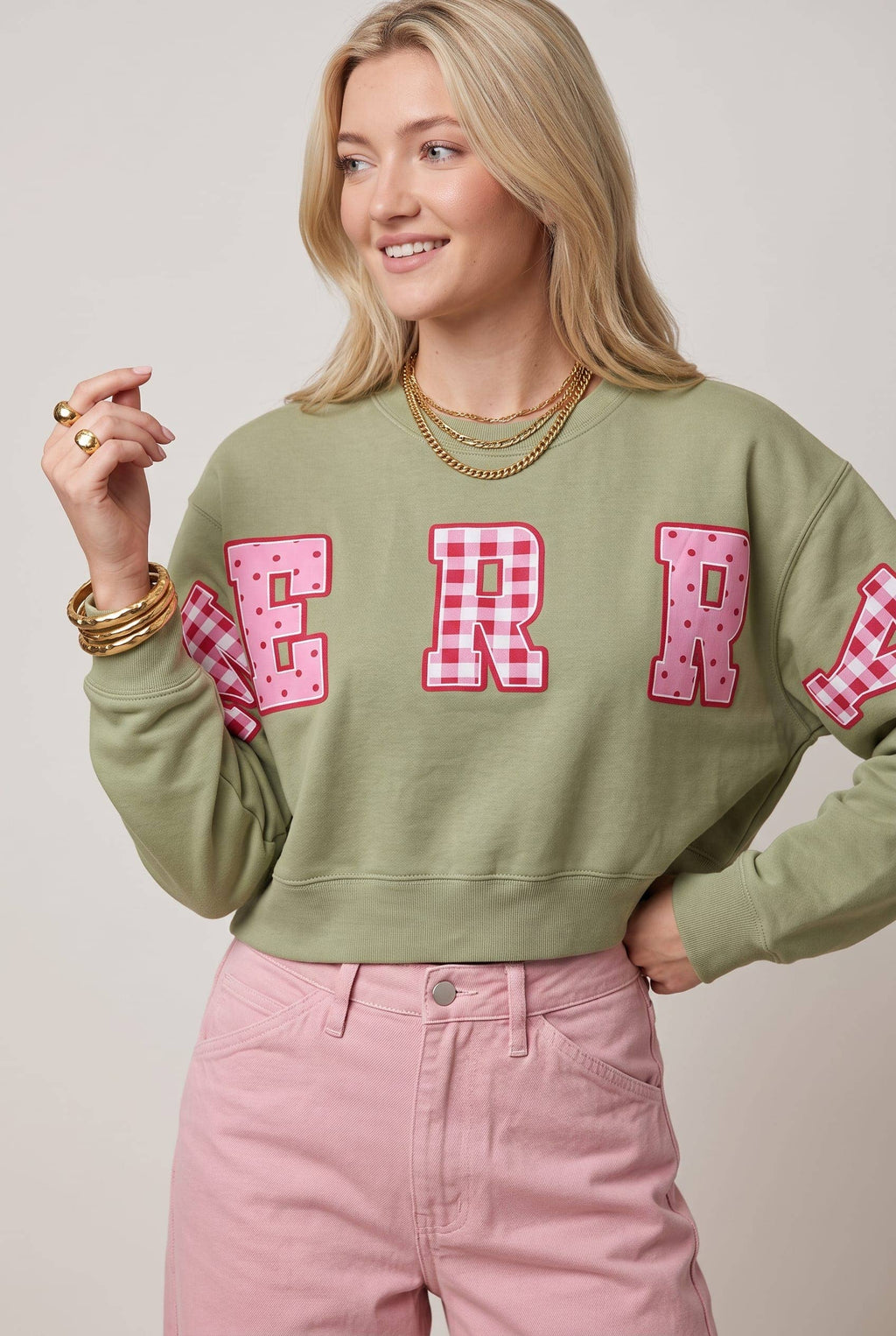Merry Christmas Patch Pistachio Crop Sweatshirt
