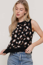 Sleeveless Round Neck Leopard Jacquard Sweater Top