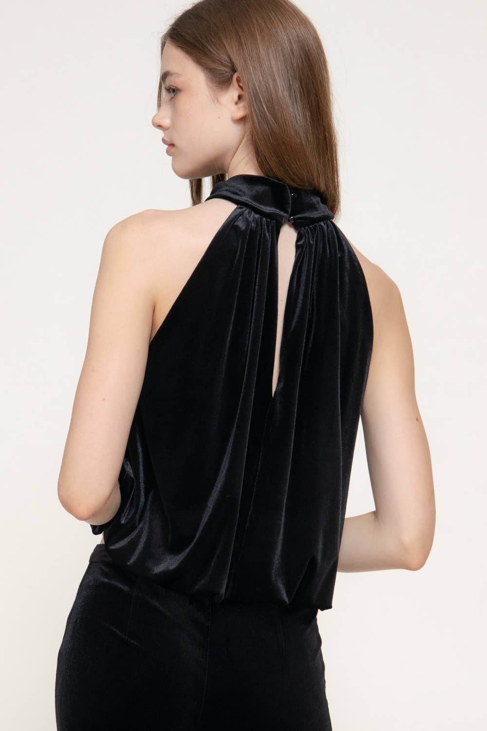 Halter Neck Shirred Hem with Inner Elastic Velvet Top