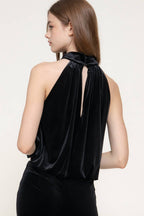 Halter Neck Shirred Hem with Inner Elastic Velvet Top
