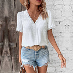 Women's Lace V-Neck Short Sleeve Blouse Summer Top
