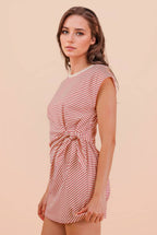ND31733-Stripe Knit Sleeveless Mini Dress W/ Tie Detail