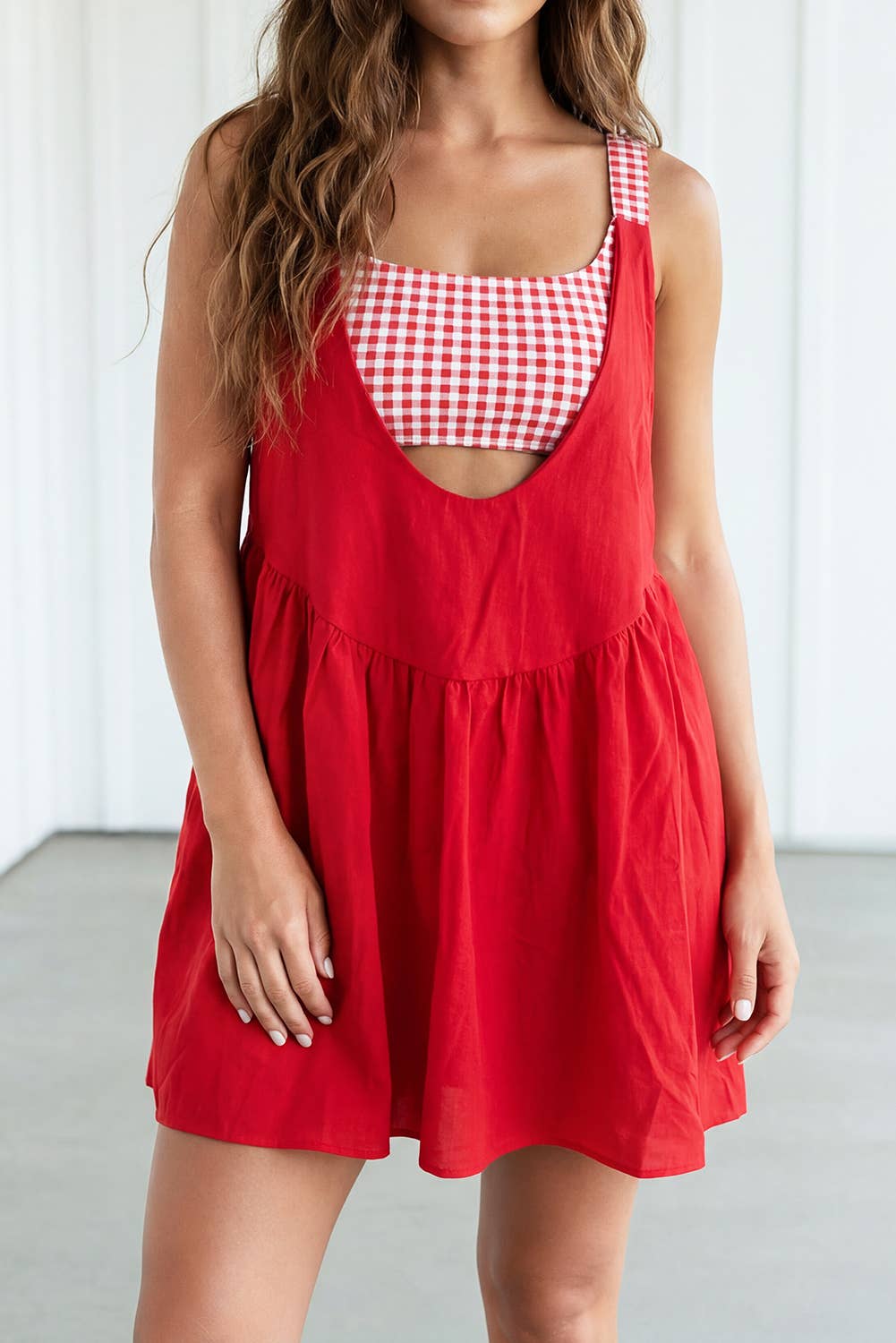 LAS-LIVE Faux Two Piece Gingham Patchwork Mini Dress (S-XL)