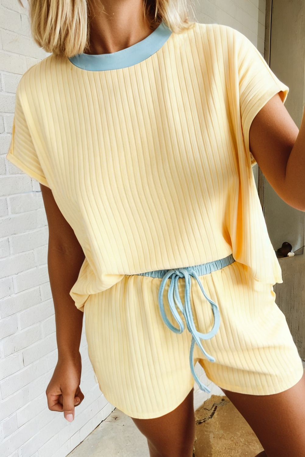 LAS-LIVE Ribbed Color Block Trim Casual Shorts Set (S-XL)