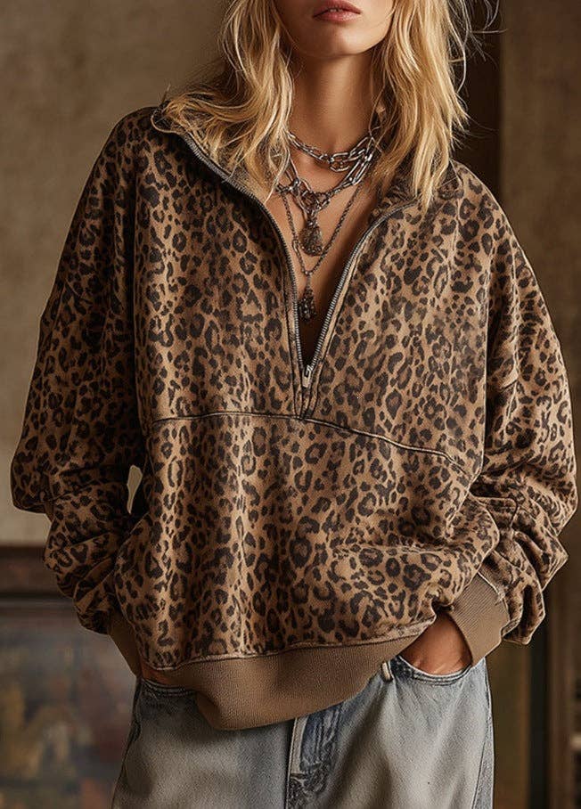 Leopard Print Half Zip Oversized Pullover Sweatshirt